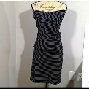 Women's Ribbed Mini Dress Size Medium Off Shoulder Black White Stripes